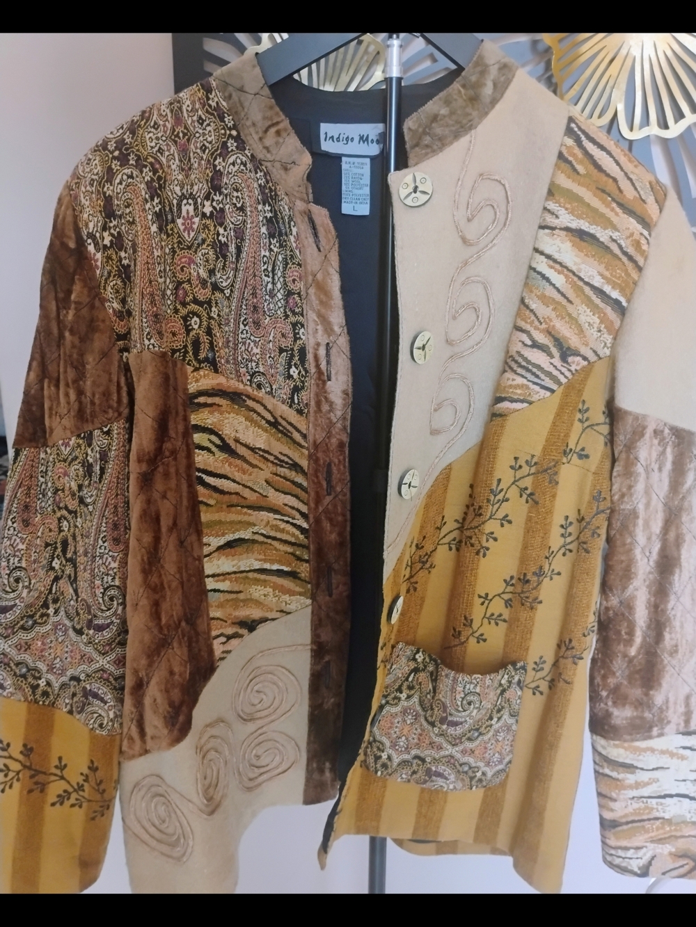 Indigo Moon Size L Women's Beautiful Patchwork Blazer in Mustard & Brown